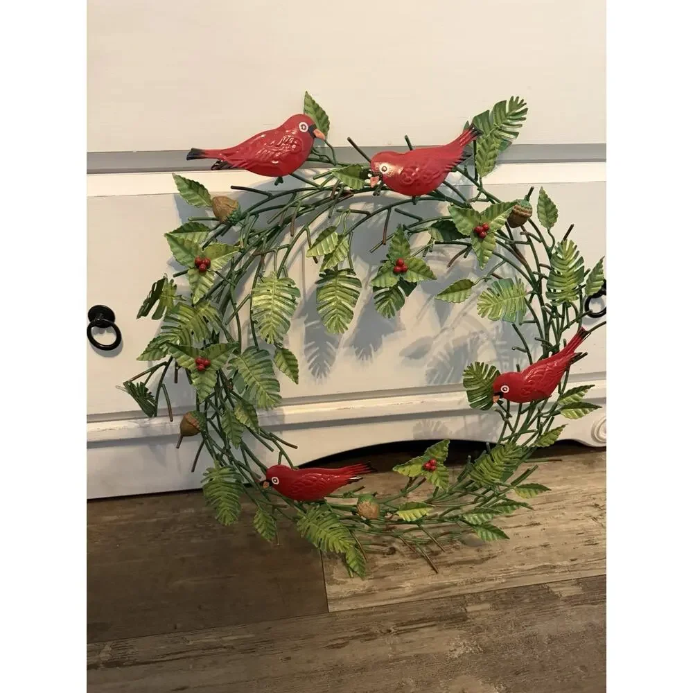 Vintage Metal Cardinal Wreath Wall Decor Red Birds Green Leaves Rustic 18”